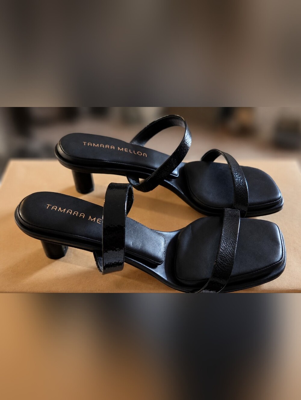 Tamara Mellon Absolute 40 Heels Black Patent Square Toe Sandals EU 37 US 6
